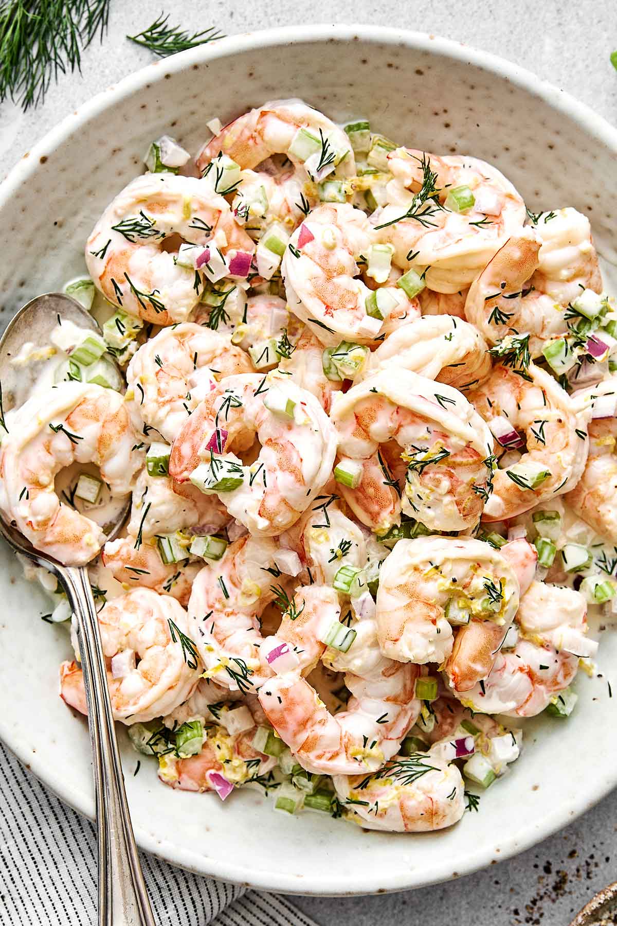 Shrimp salad in a bowl.