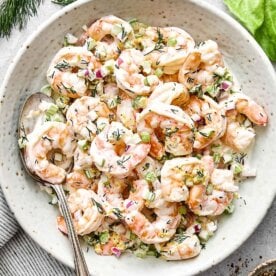 Shrimp salad recipe in a bowl.