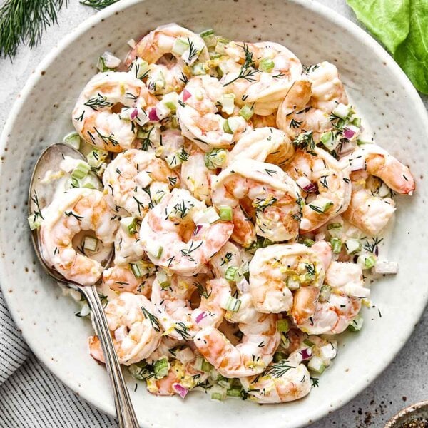 Shrimp salad recipe in a bowl.