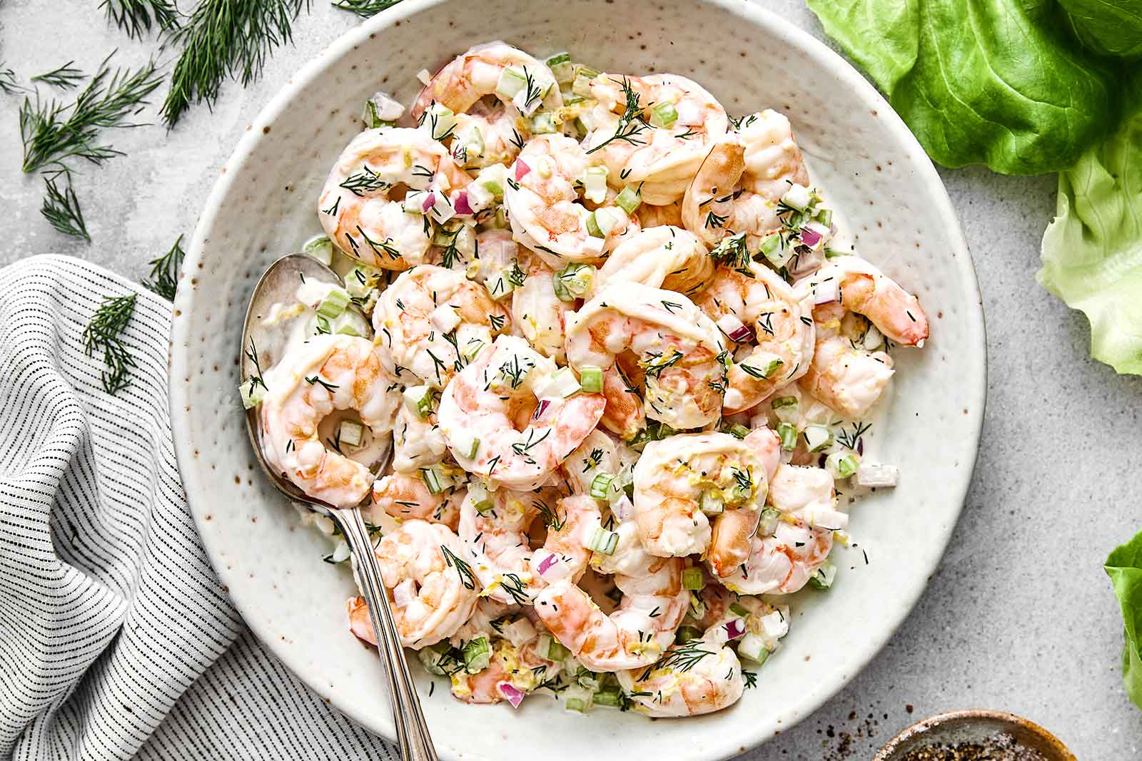 Shrimp salad recipe in a bowl.