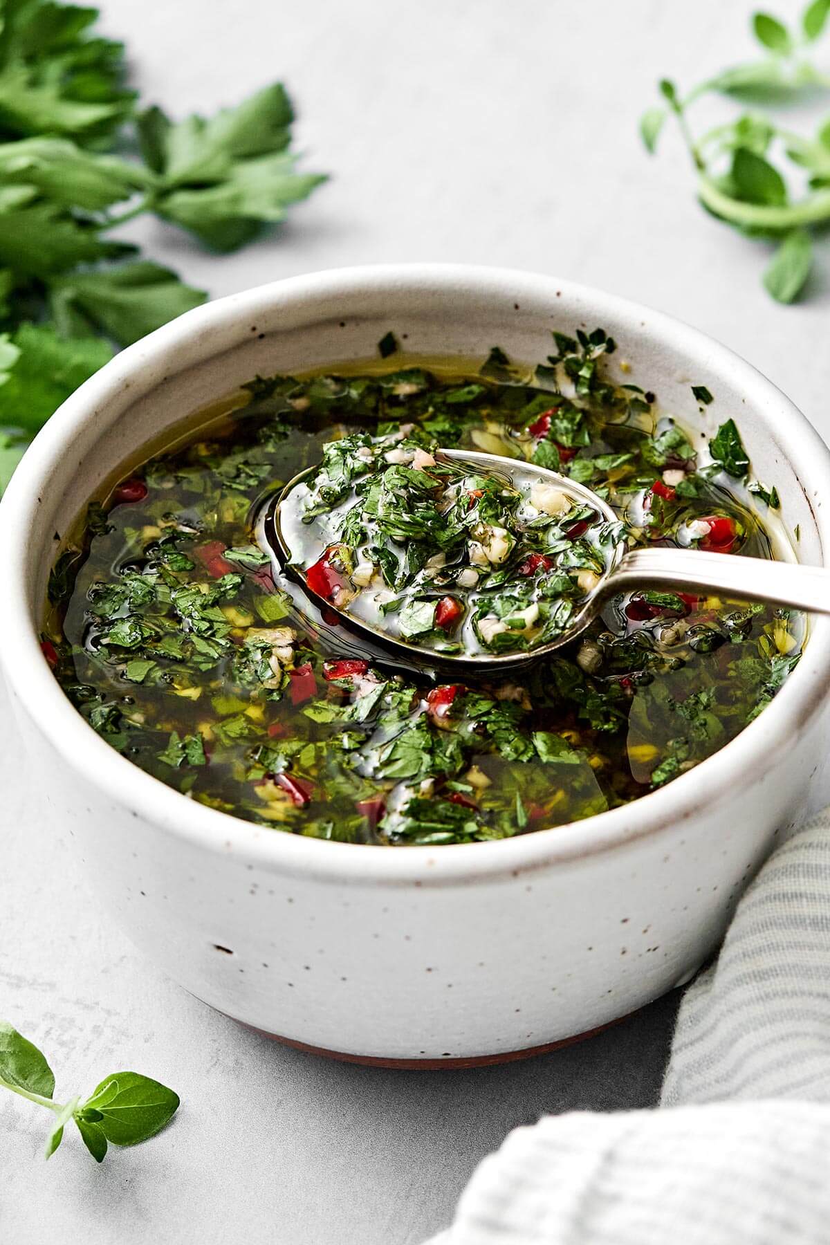 Chimichurri sauce recipe in a bowl.