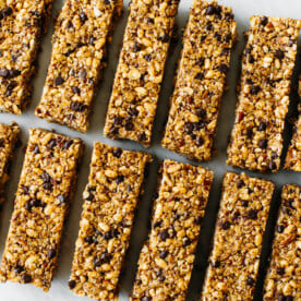 Chocolate chip granola bars laid out on a table