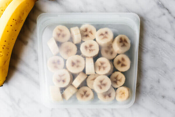 A silicone bag of frozen banana slices