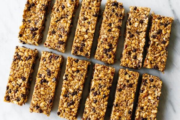 Chocolate chip granola bars sliced and laid out on a table