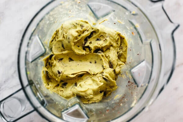 Mint chocolate chip nice cream in a blender
