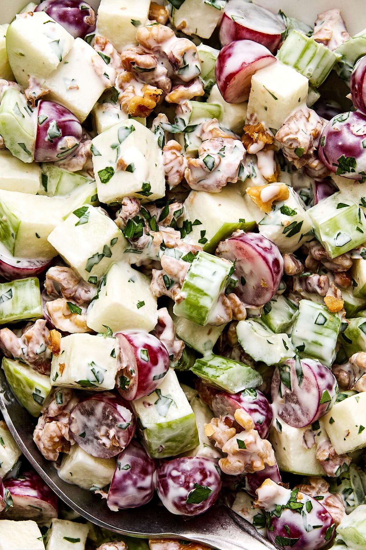 Everyone will love this classic Waldorf salad for holiday dinners! It's crisp, refreshing, and tossed in the best creamy dressing. Close-up of a Waldorf salad.