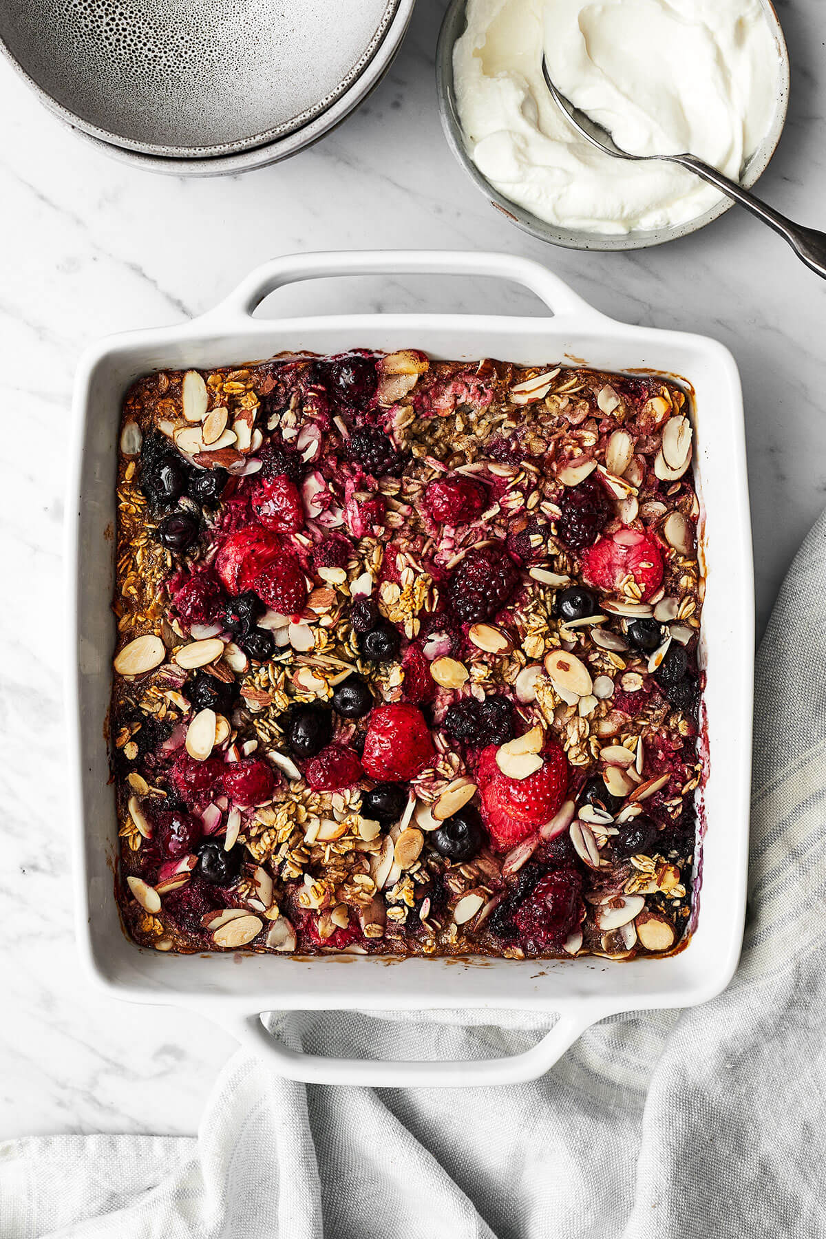 Berry baked oatmeal in a baking dish