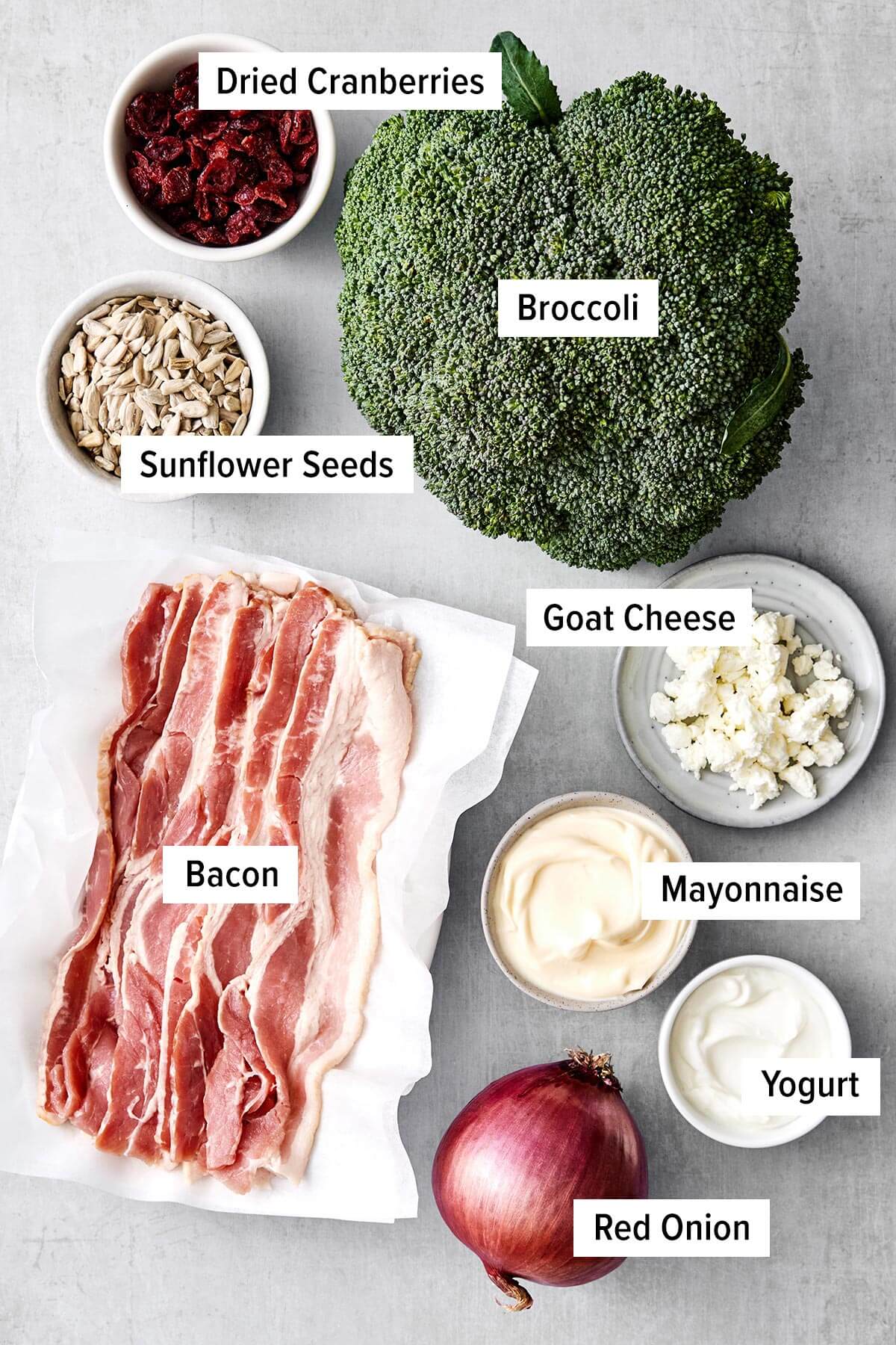 Everyone loves this broccoli salad recipe! With bacon, cranberries, and a creamy dressing, it's the perfect party side dish. Broccoli salad ingredients.