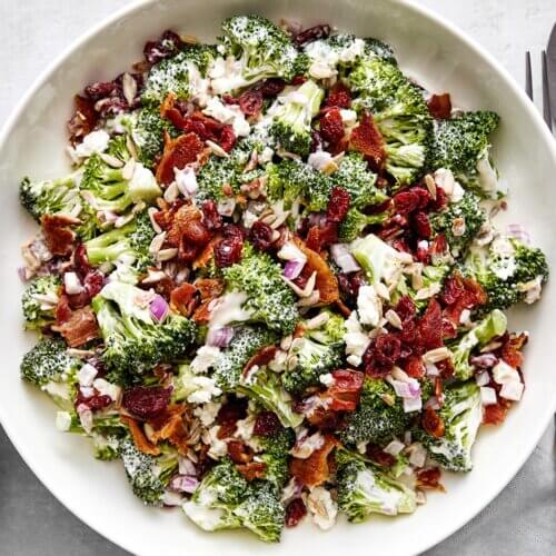 Broccoli salad recipe in a bowl.