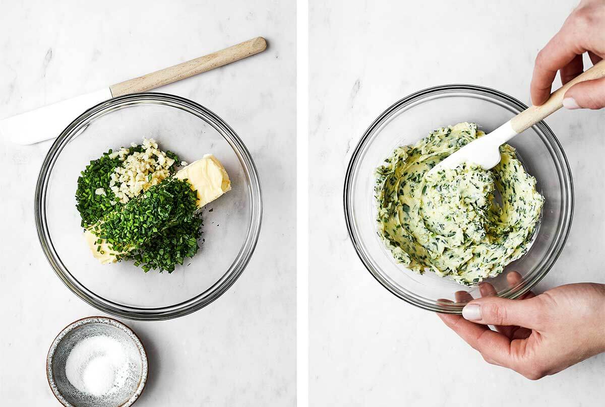 Stirring up herb compound butter in a glass bowl
