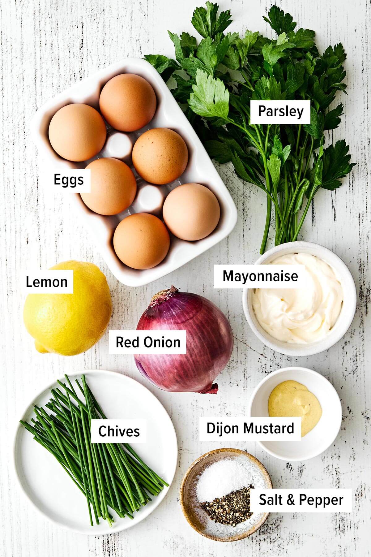 This is the classic deli-style egg salad we all know and love—perfectly creamy, delightfully chunky, and filled with fresh flavors. Ingredients for egg salad.