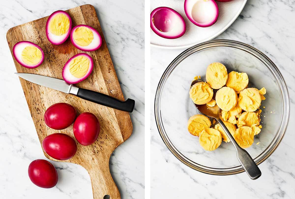 Removing egg yolks for beet pickled deviled eggs