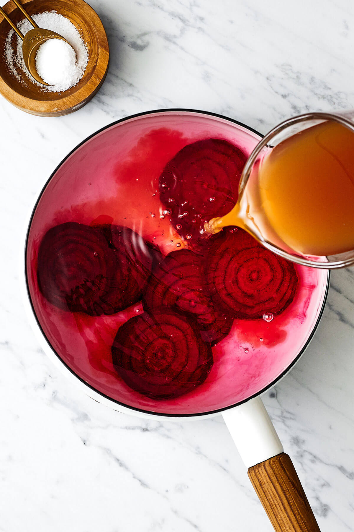 Making a beet mixture for beet pickled deviled eggs