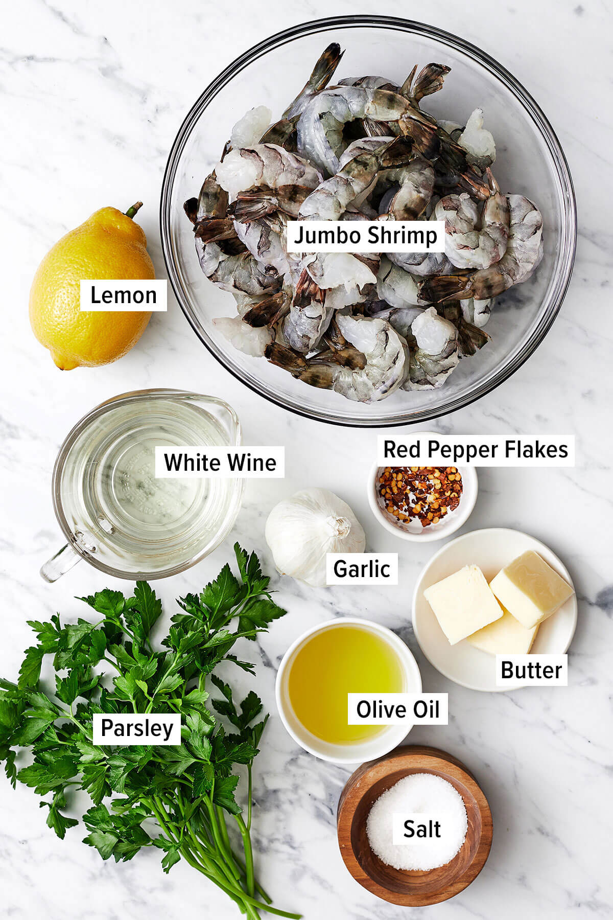 Ingredients for shrimp scampi on a table