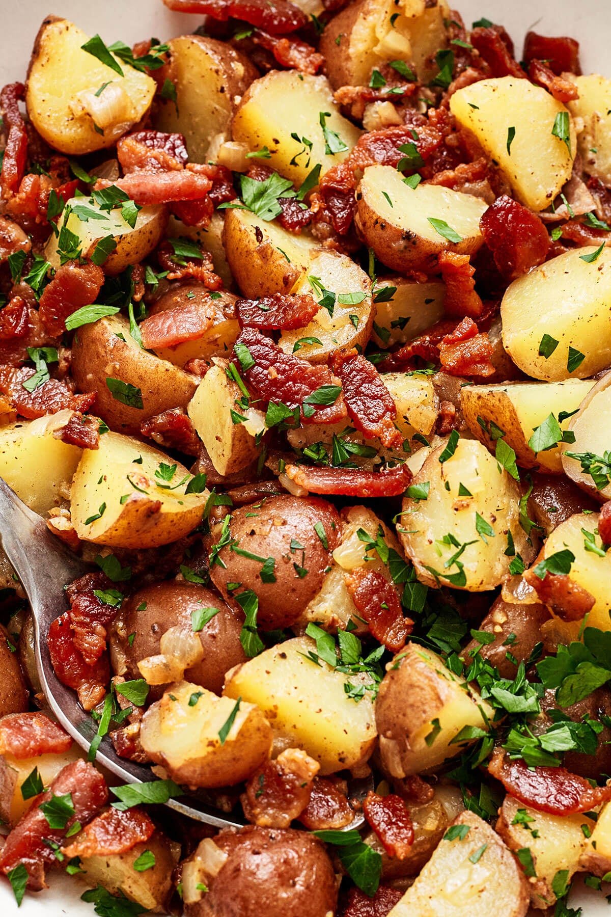 A closeup of German potato salad