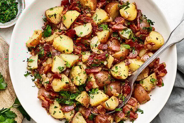 A big white bowl of German potato salad