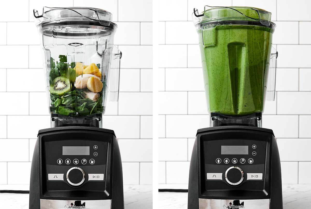 Blending cilantro smoothie in Vitamix