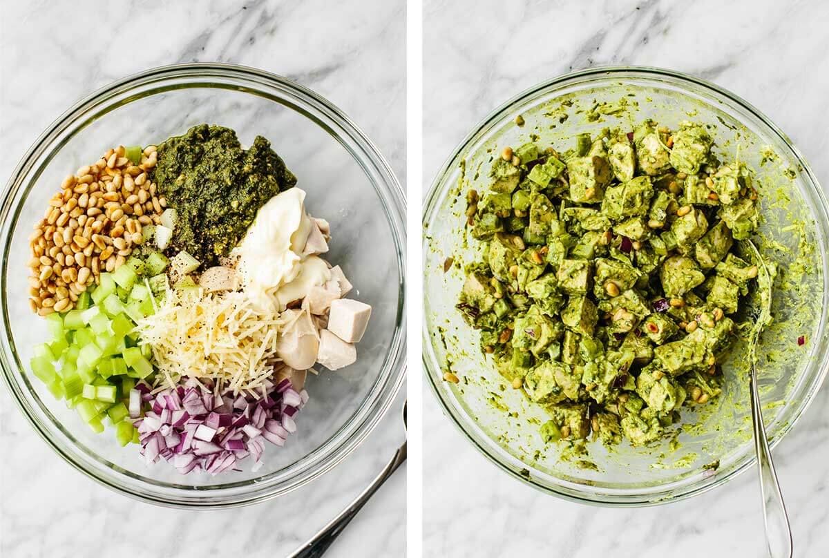 Mixing pesto chicken salad in a bowl
