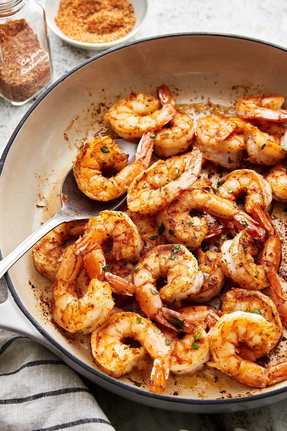 Sauteed Cajun shrimp in a skillet