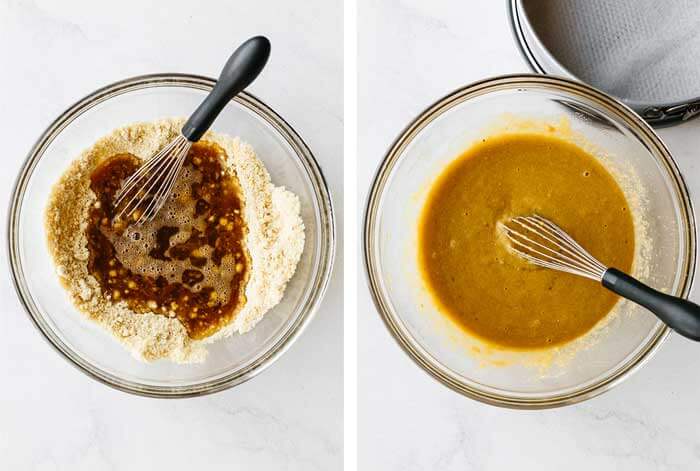 Mixing almond cake batter in a bowl