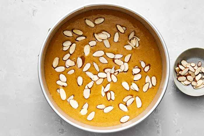 Step three of almond cake: mix together.