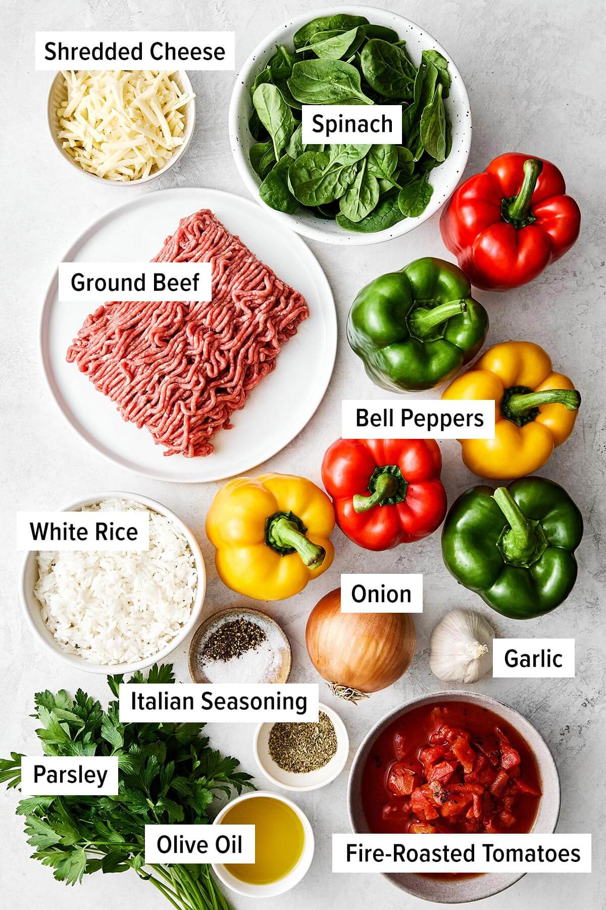 Stuffed peppers are always a family favorite weeknight dinner. This classic version is packed with the best filling — juicy ground beef, fluffy rice, and plenty of veggies seasoned with Italian flavors. Ingredients for classic stuffed peppers.