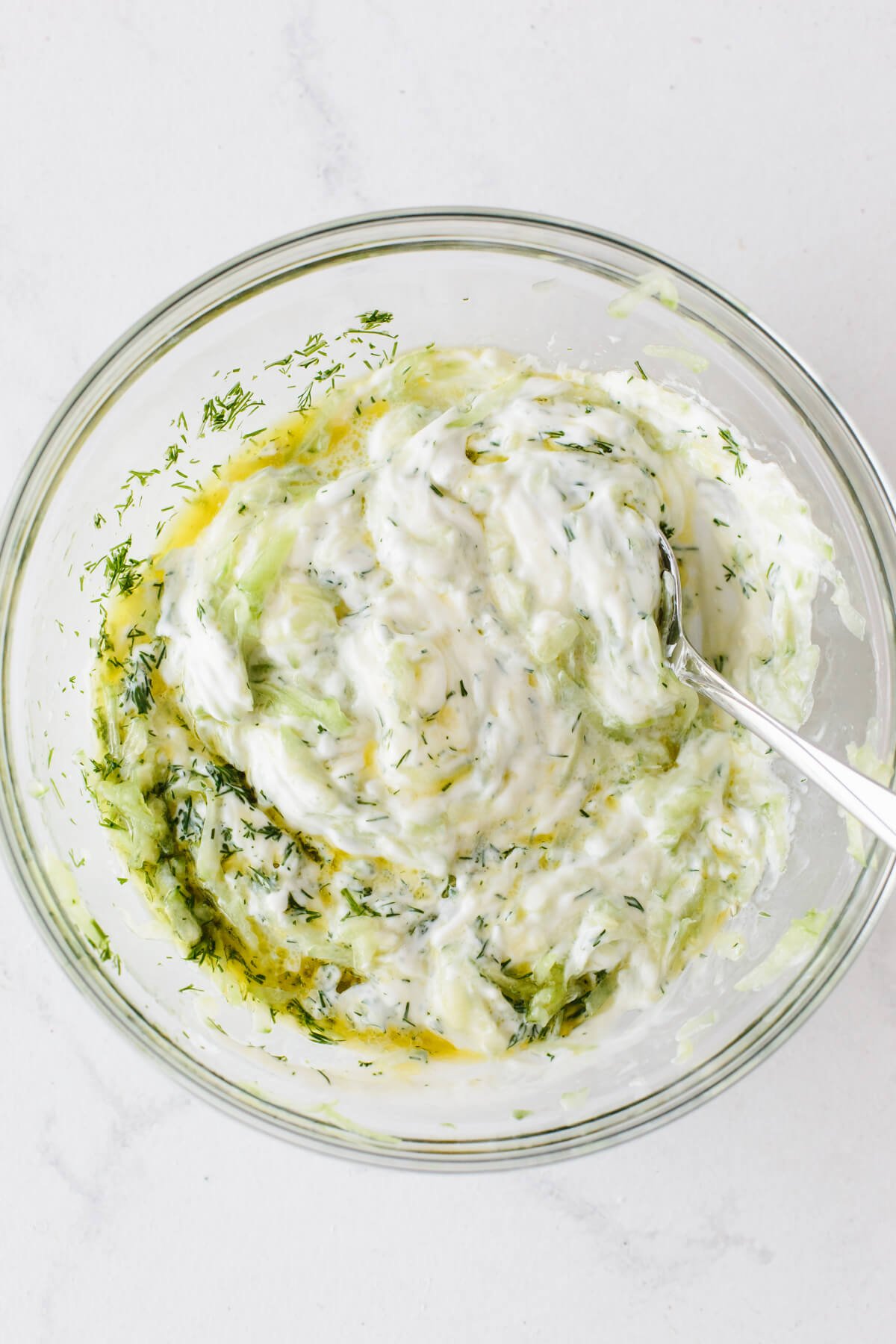 Tzatziki mixed in a bowl.