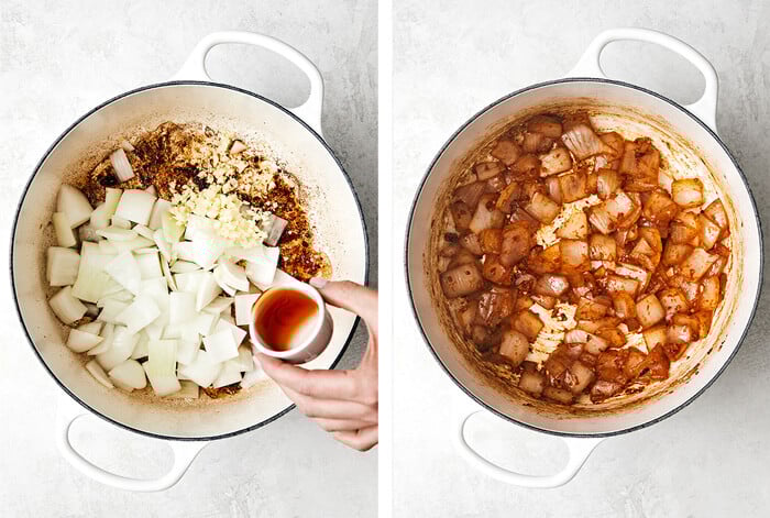 Saueting onions with sauce in a pot