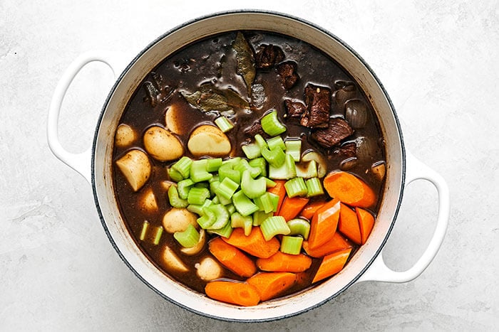 Beef stew with vegetables in a pot