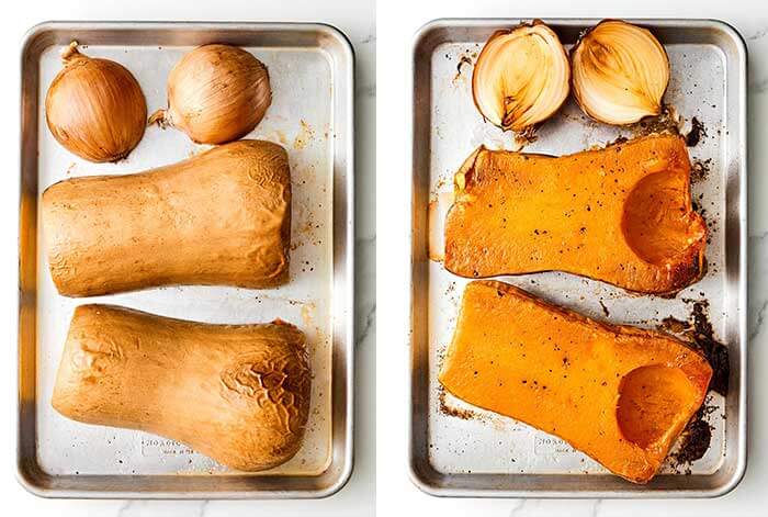 Roasting butternut squash and onion.