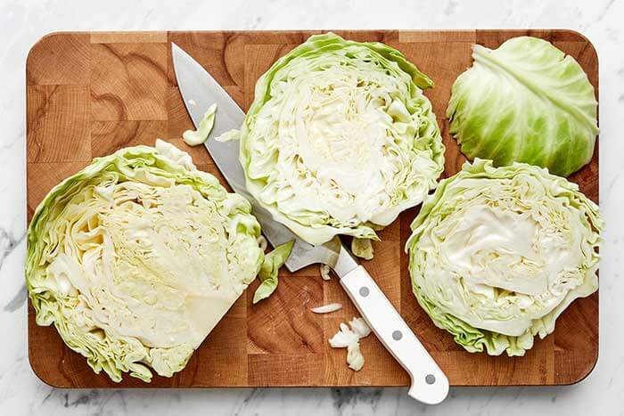 Sliced cabbage on a wooden board