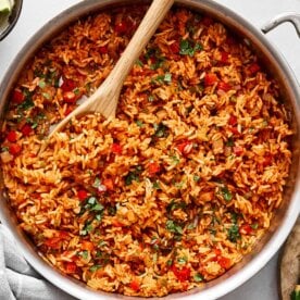 Mexican rice in a pan.