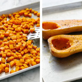 Two ways of roasting butternut squash on a sheet pan.