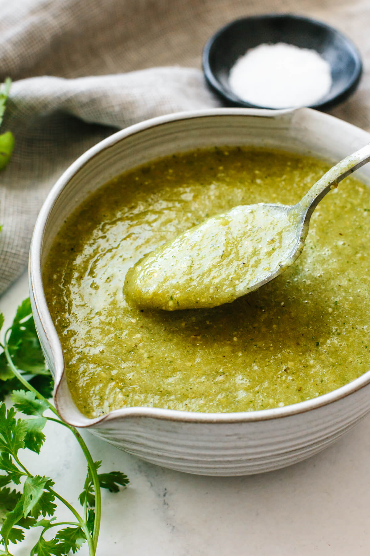 A spoonful of tomatillo salsa