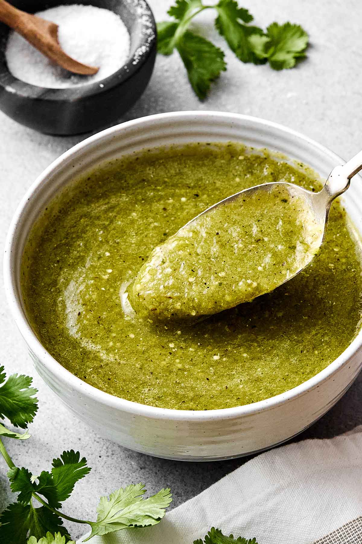 A bowl of homemade salsa verde sauce.