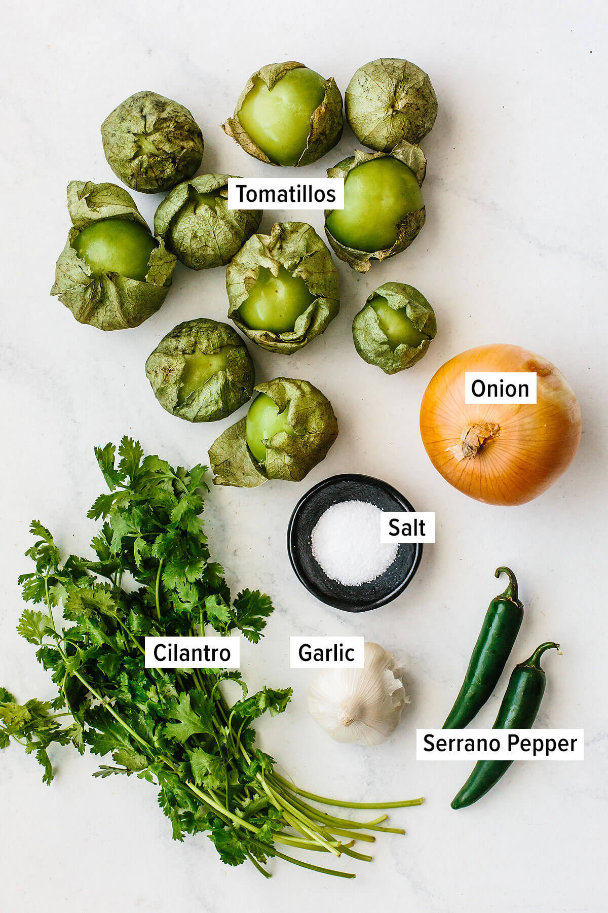 Add a spicy, flavorful kick to any Mexican dish with this homemade salsa verde (tomatillo salsa)! All you need is to roast, blend, and serve. Ingredients for salsa verde on a table