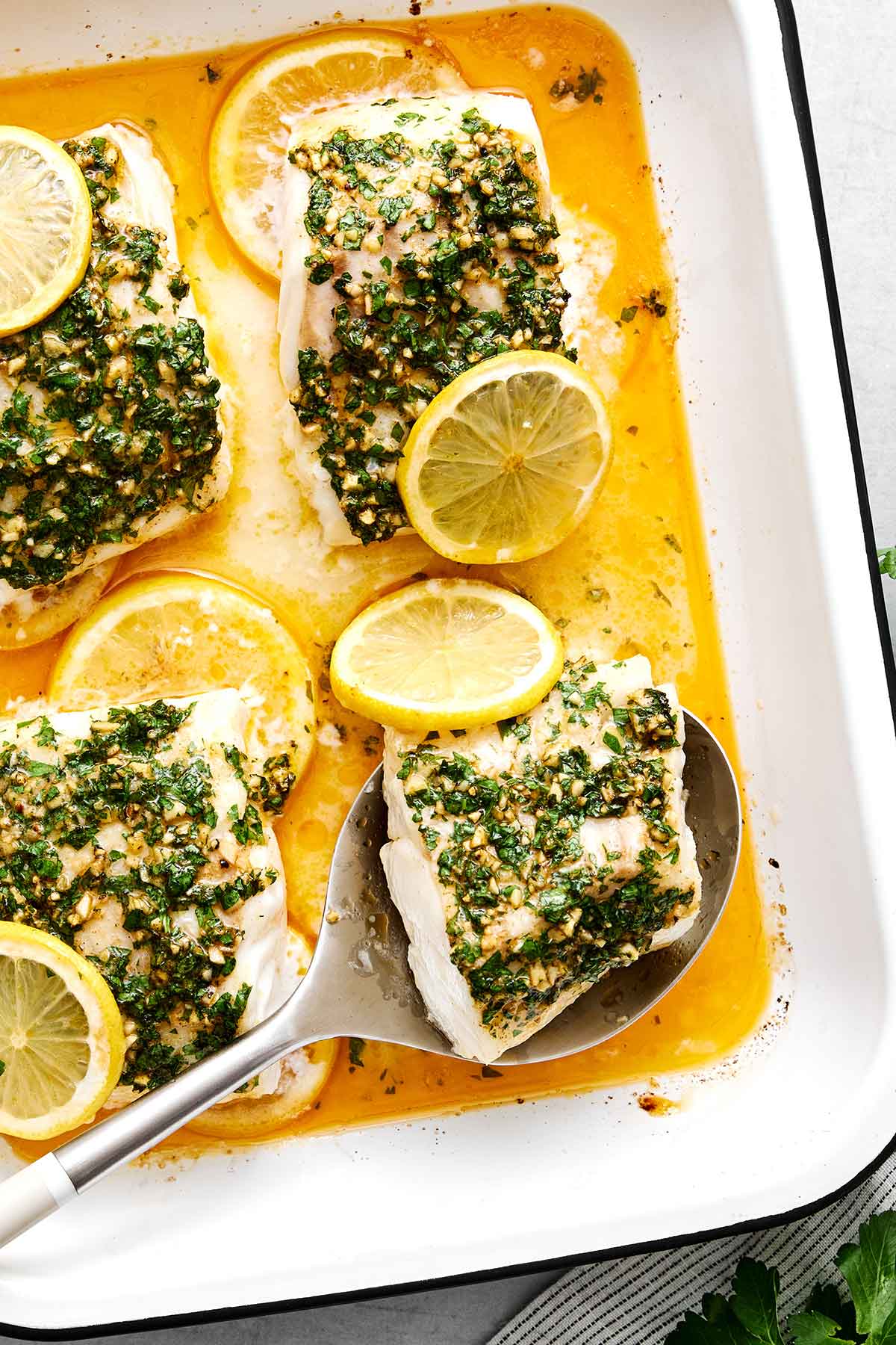 Garlic butter herb baked cod fillets.