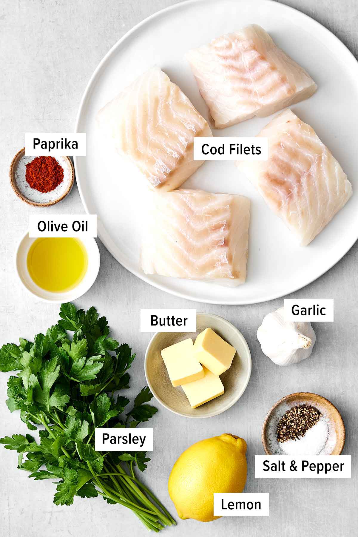 Ingredients for garlic butter herb baked cod.