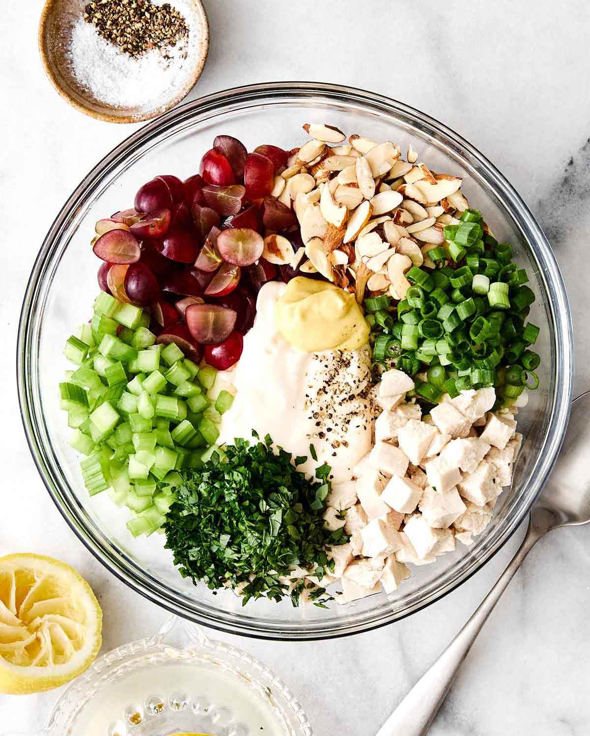 Step four of chicken salad: toss together.