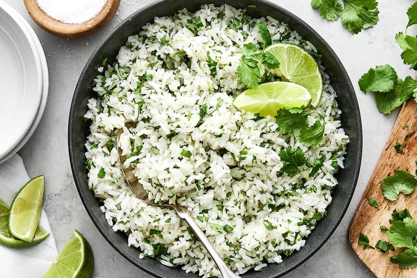 Cilantro lime rice with fresh limes.