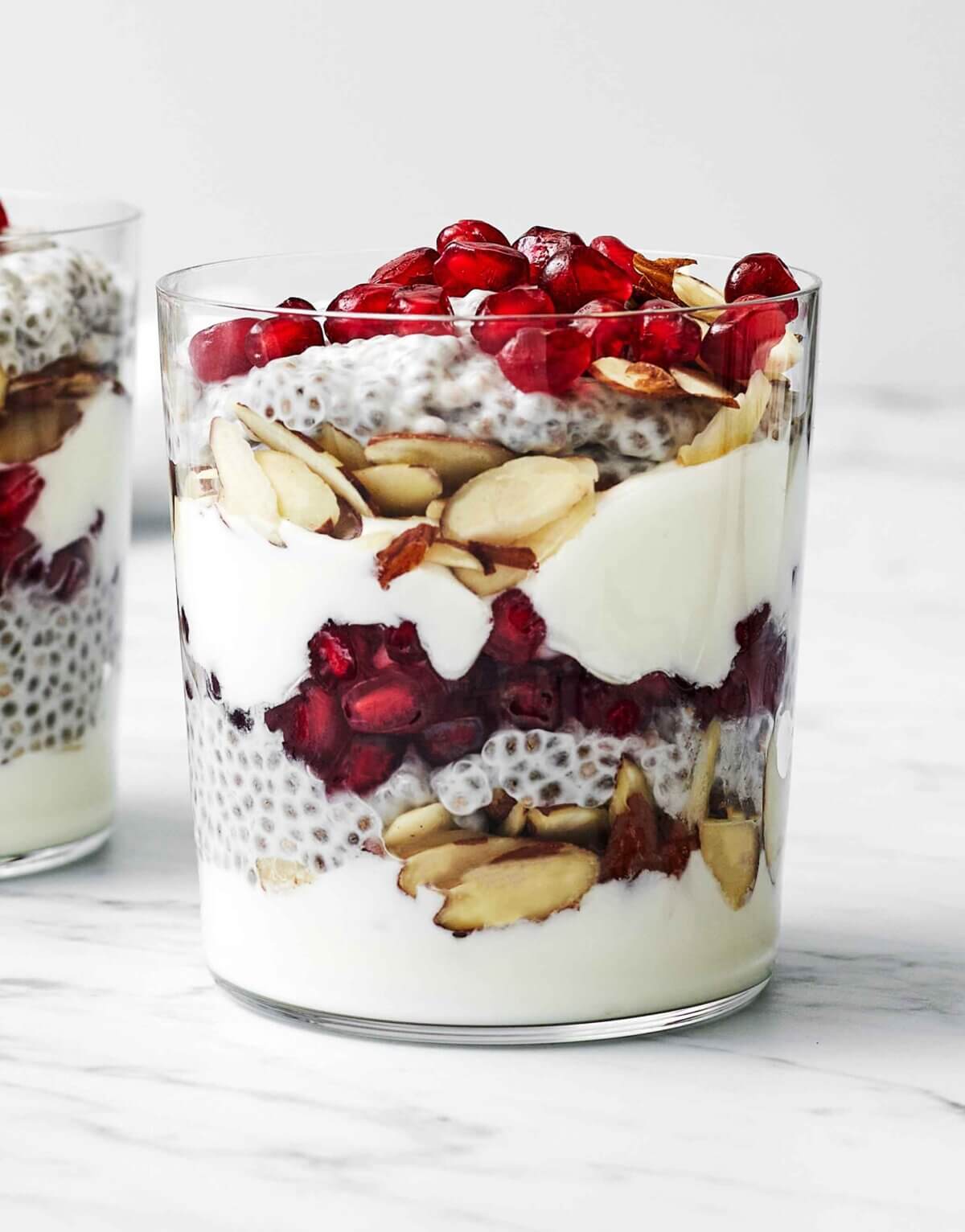 Christmas breakfast ideas featuring a pomegranate chia pudding parfait.