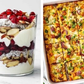Christmas breakfast ideas featuring a chia parfait and breakfast casserole.