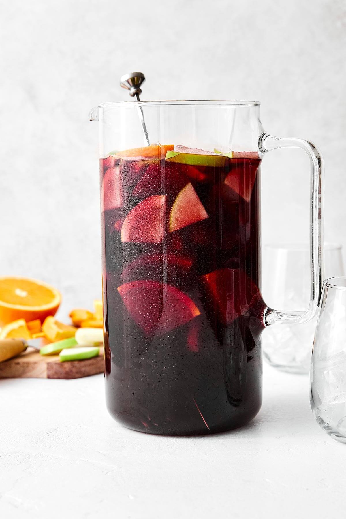 A pitcher of this red sangria feels is the perfect cocktail for a crowd! All you need is Spanish red wine, brandy, and fresh fruit. A pitcher of red sangria.