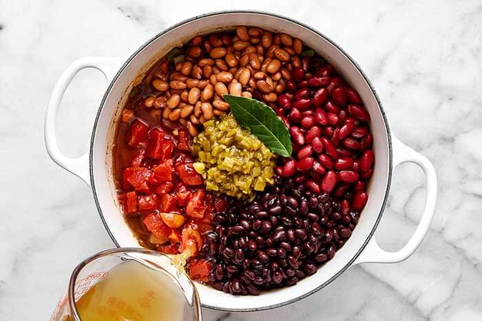 Vegetarian chili ingredients in a pot.