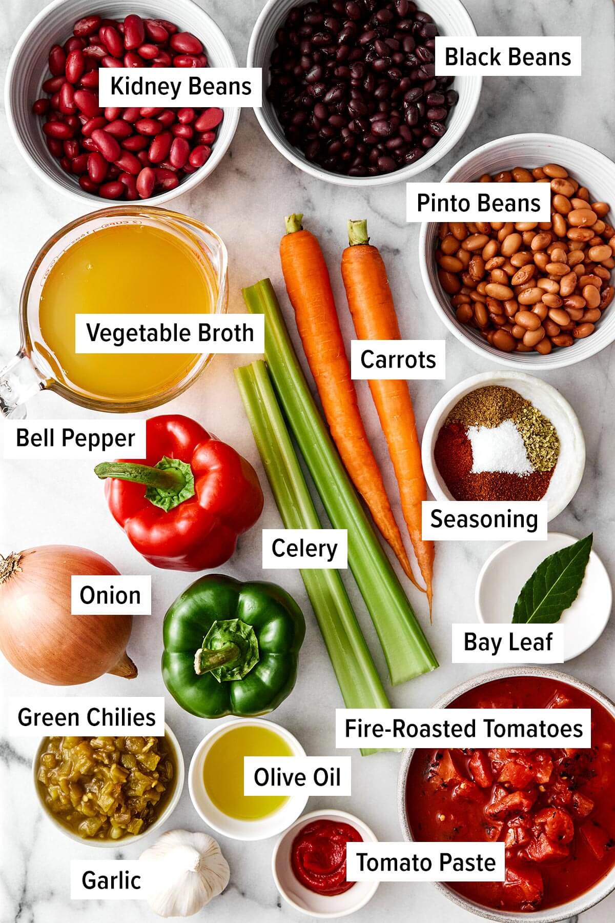 This vegetarian chili is a top-notch meatless dinner with layers of good-for-you vegetables, hearty beans, and warming spices! Ingredients for vegetarian chili.