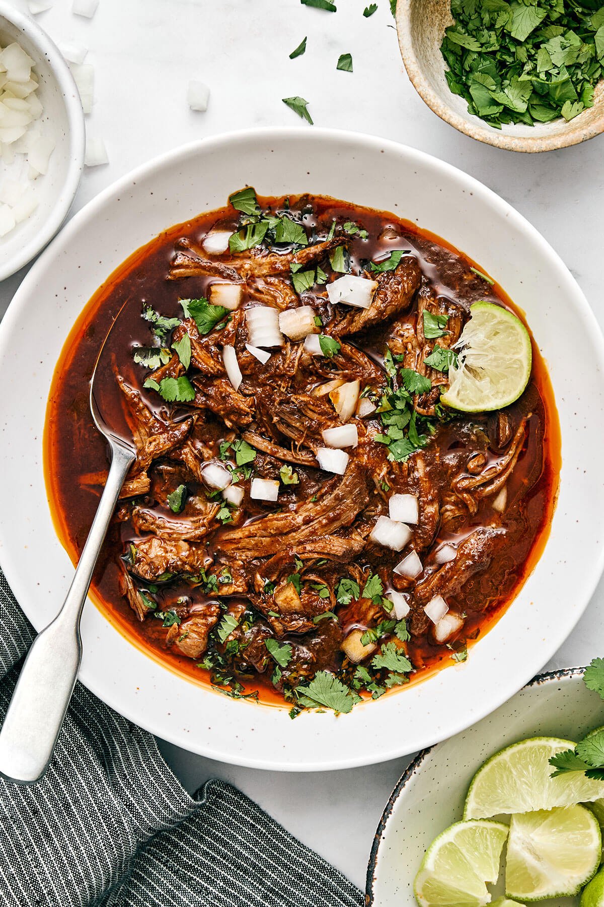 Mexican birria de res is a hearty slow-cooked stew with the utmost flavor and juicy, tender beef. Serve it as is or make birria tacos! A bowl of Mexican beef birria.