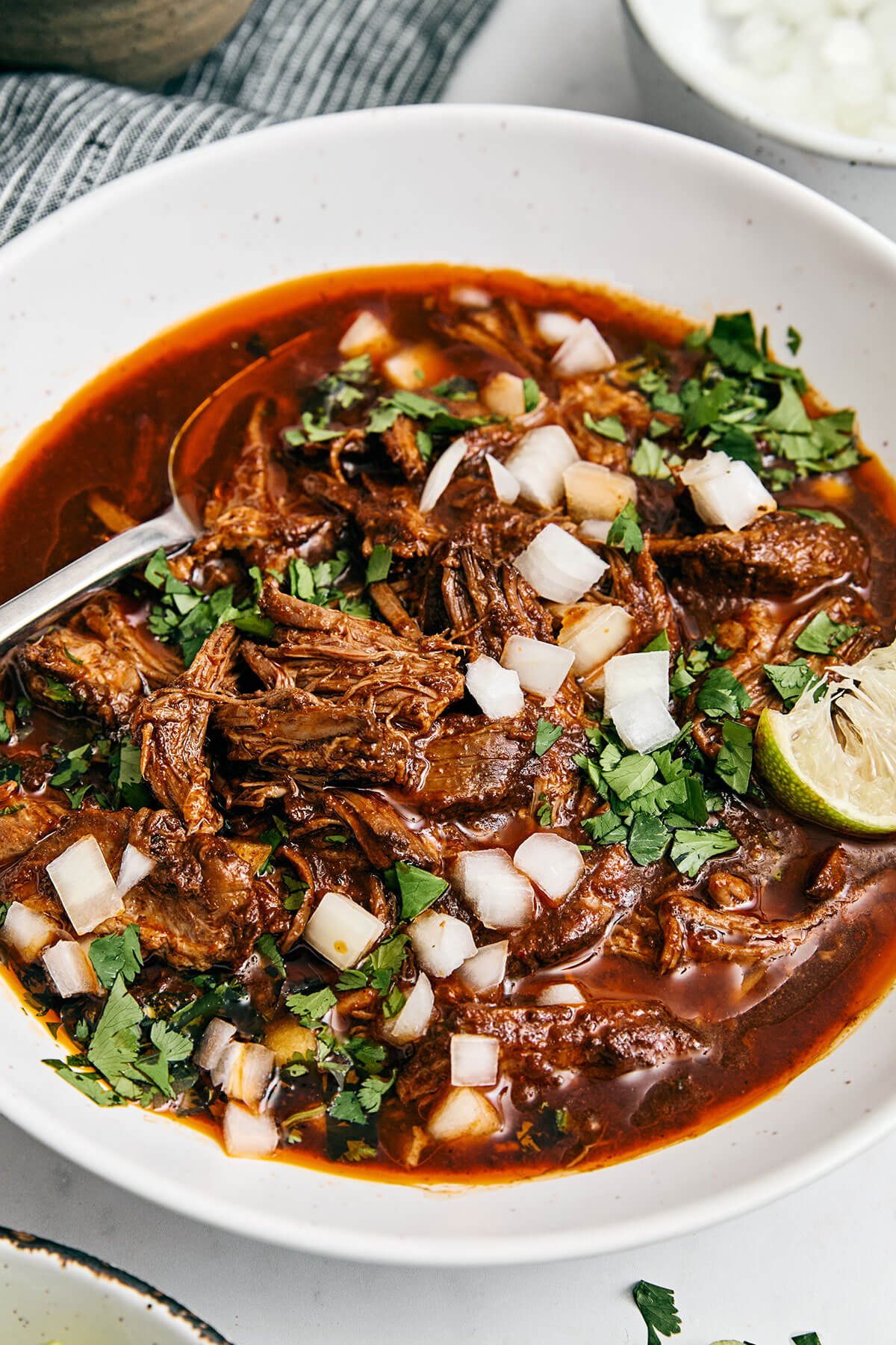 Mexican birria de res is a hearty slow-cooked stew with the utmost flavor and juicy, tender beef. Serve it as is or make birria tacos! Beef birria in a bowl.