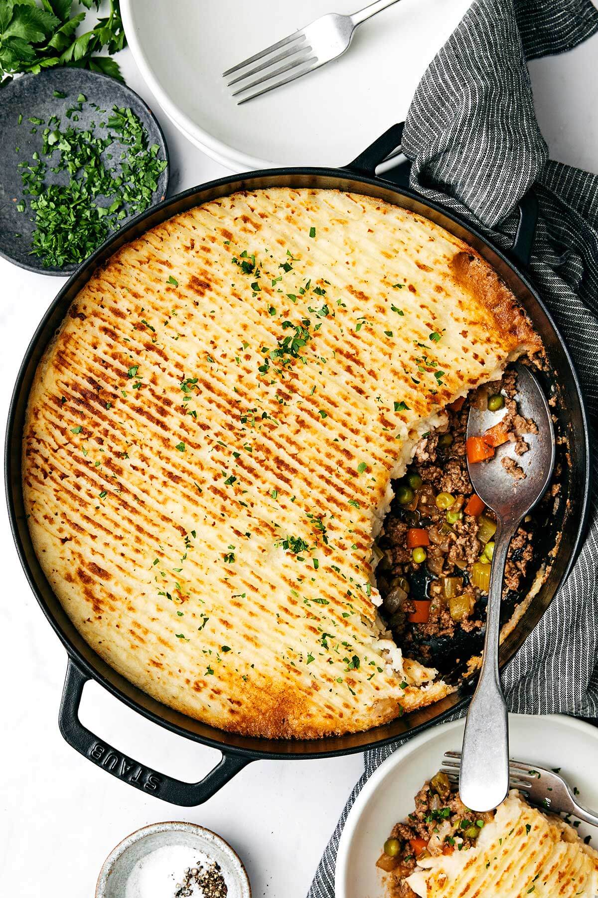 A skillet with cottage pie.