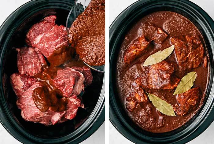 Birria de res in a crockpot.