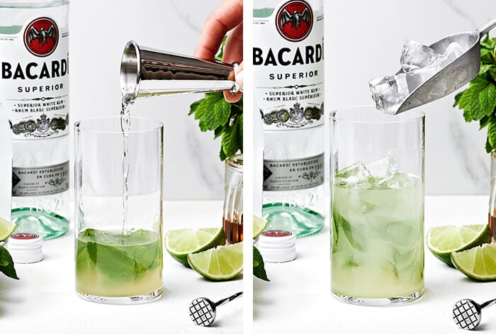 Adding the rum and ice to a glass.
